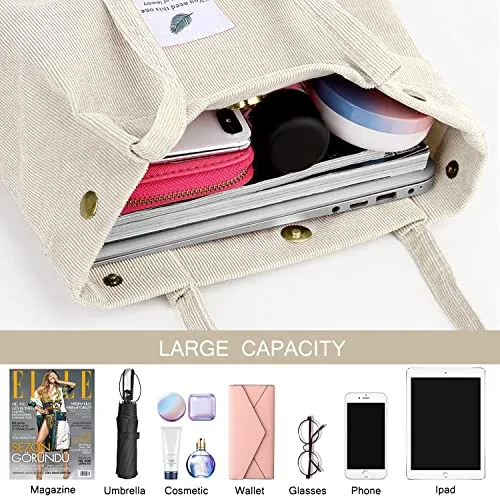 Ayieyill Corduroy Tote Bag for Women Girl Canvas Shoulder Cord Purse with Inner Pocket
