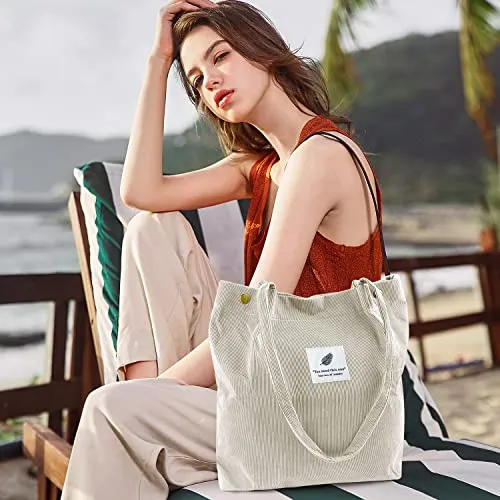 Ayieyill Corduroy Tote Bag for Women Girl Canvas Shoulder Cord Purse with Inner Pocket