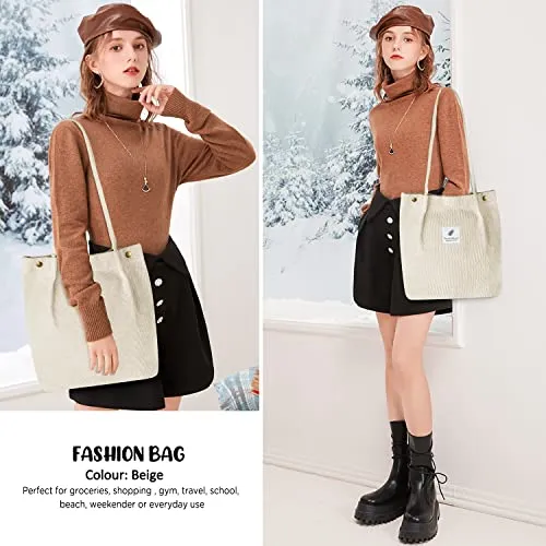 Ayieyill Corduroy Tote Bag for Women Girl Canvas Shoulder Cord Purse with Inner Pocket
