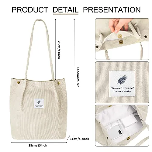 Ayieyill Corduroy Tote Bag for Women Girl Canvas Shoulder Cord Purse with Inner Pocket