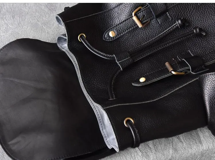 Black Leather Mens 15" Laptop Backpack Hiking Backpack Travel Backpack College Backpack for Men