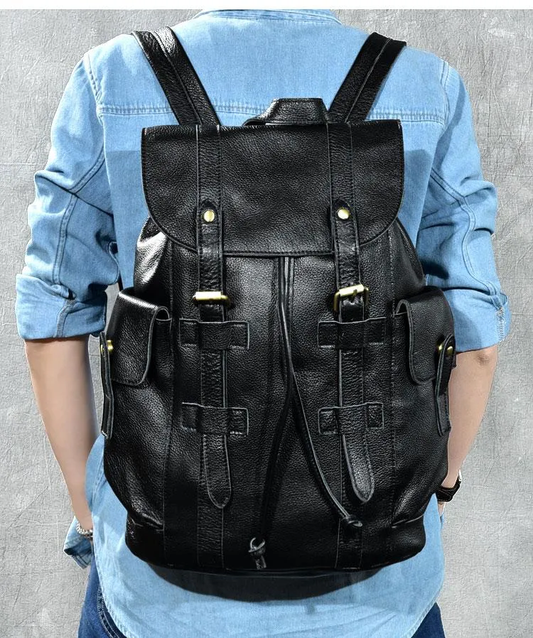 Black Leather Mens 15" Laptop Backpack Hiking Backpack Travel Backpack College Backpack for Men