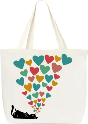 Canvas Tote Bag, Book Tote Bag, Book Lover Gift, Black Cat Heart Tote, Library Tote Bag, Reusable Grocery Shopping Bag, Library Shoulder Bag For Women Sister Cat Owner Cat Lover Bookworm A(04)