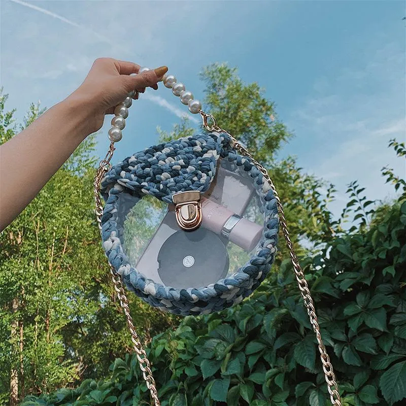 Cute Round Black(Flap) Crochet Crossbody Purse PMMA Crochet Shoulder Round Handbag for Girl Circle Crochet Crossbody Purses