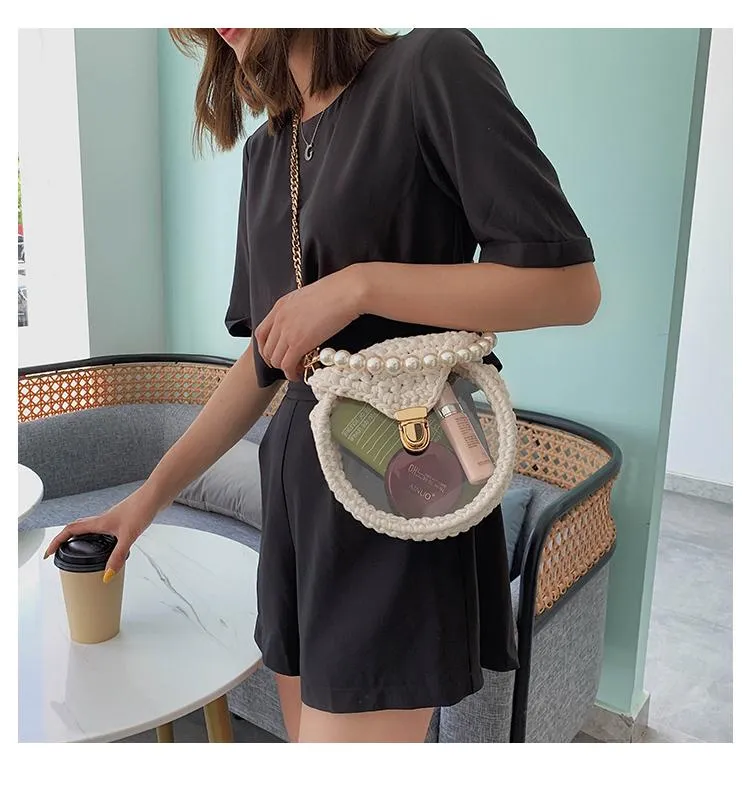 Cute Round Black(Flap) Crochet Crossbody Purse PMMA Crochet Shoulder Round Handbag for Girl Circle Crochet Crossbody Purses
