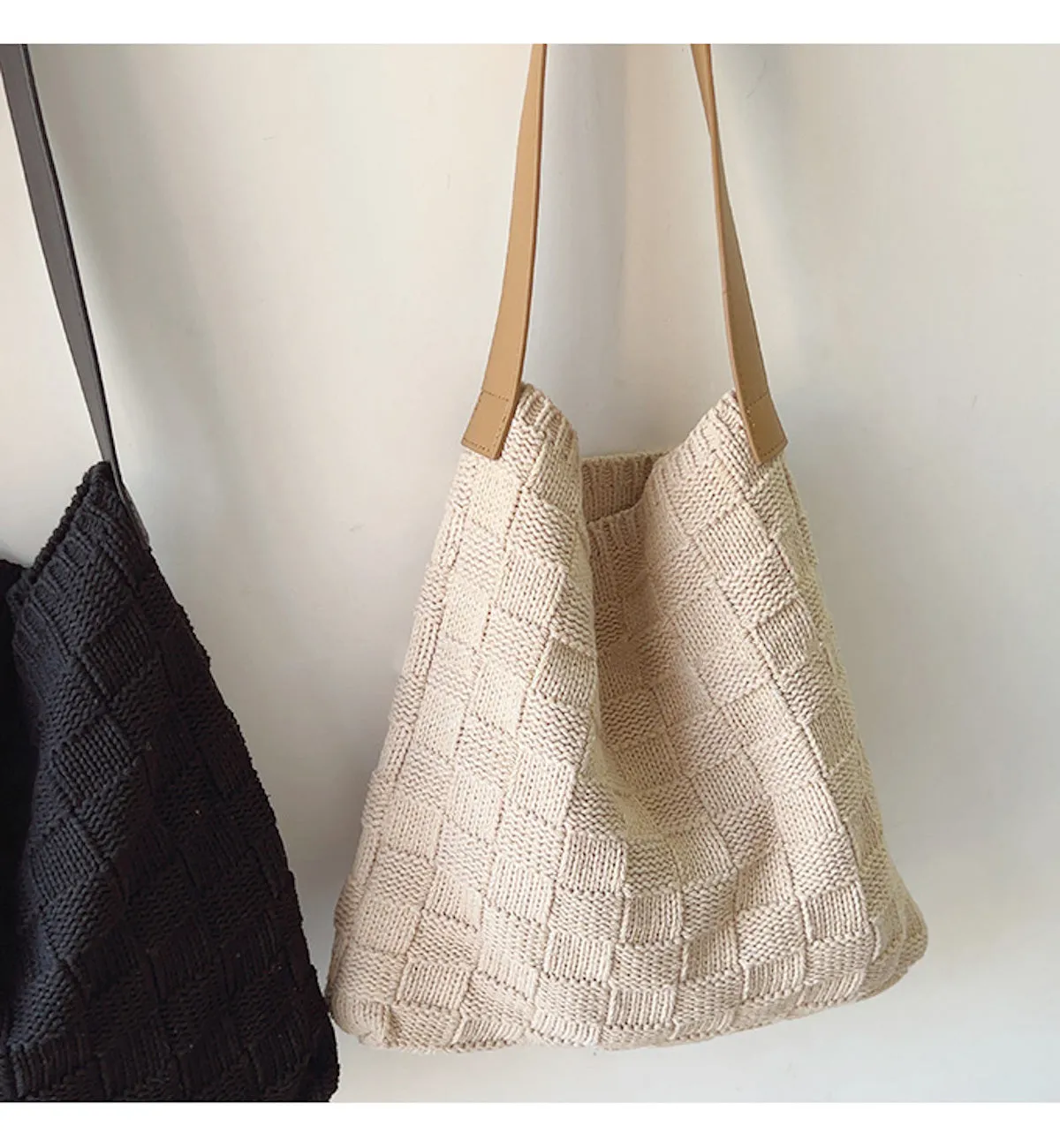 Elena Handbags Cotton Knitted Sweater Shoulder Bag with Leather Strap