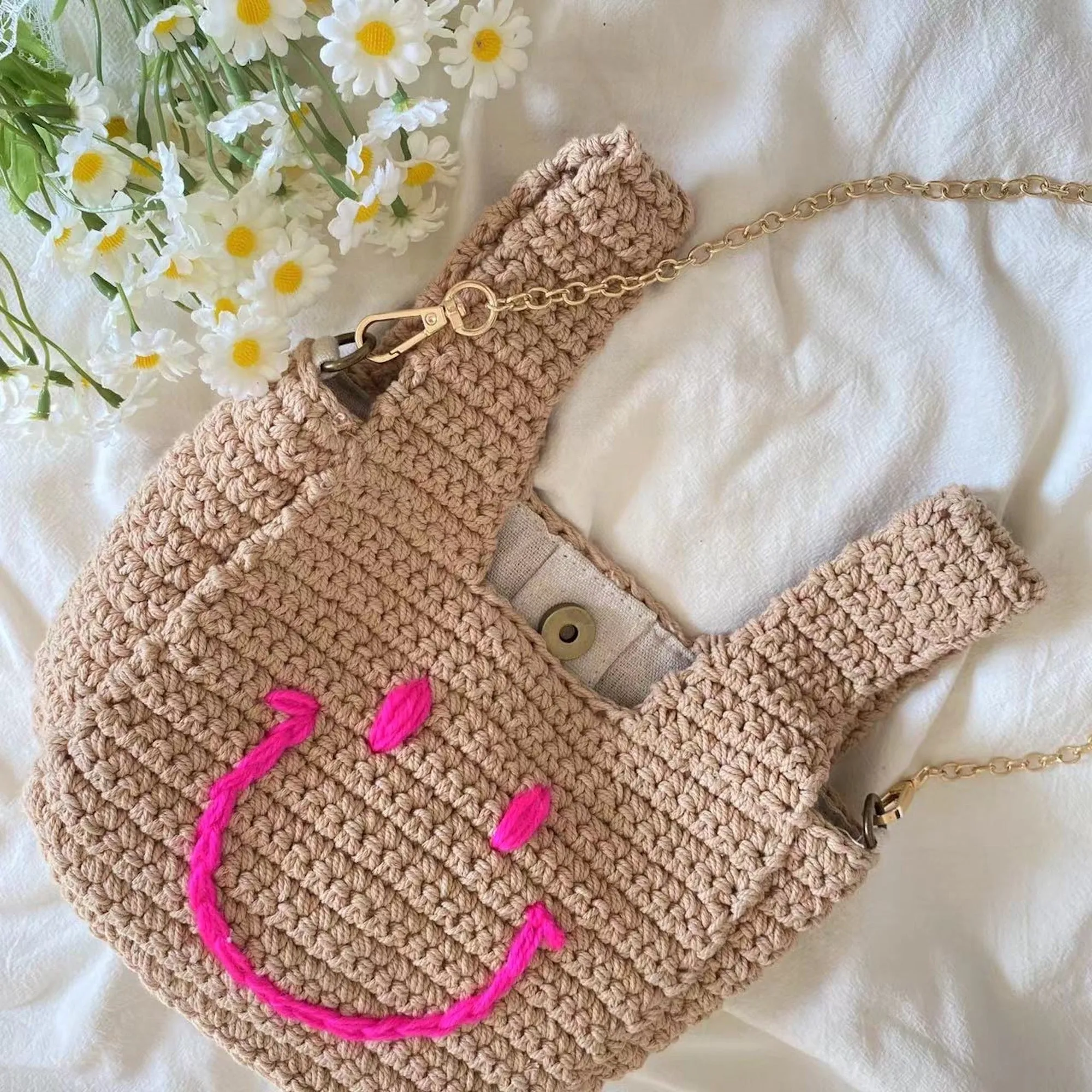 Elena Handbags Handmade Crochet Smiley Bag