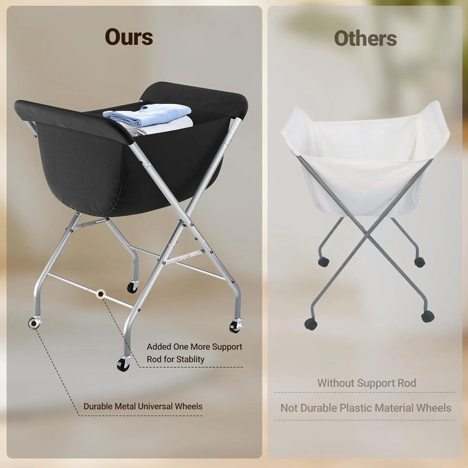 ELYKEN Laundry Cart with Wheels, 33H Easy Rolling Laundry Hamper with Removable Liner Bag, Sturdy Metal Frame Clothes Basket with 4 Casters and 2 Brakes