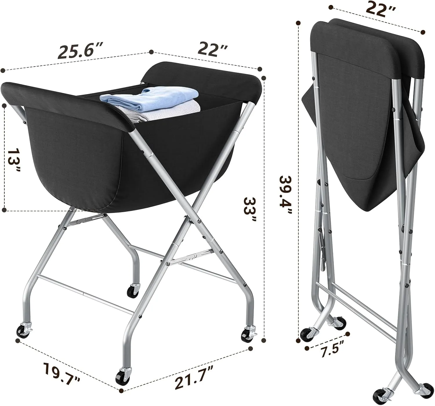 ELYKEN Laundry Cart with Wheels, 33H Easy Rolling Laundry Hamper with Removable Liner Bag, Sturdy Metal Frame Clothes Basket with 4 Casters and 2 Brakes