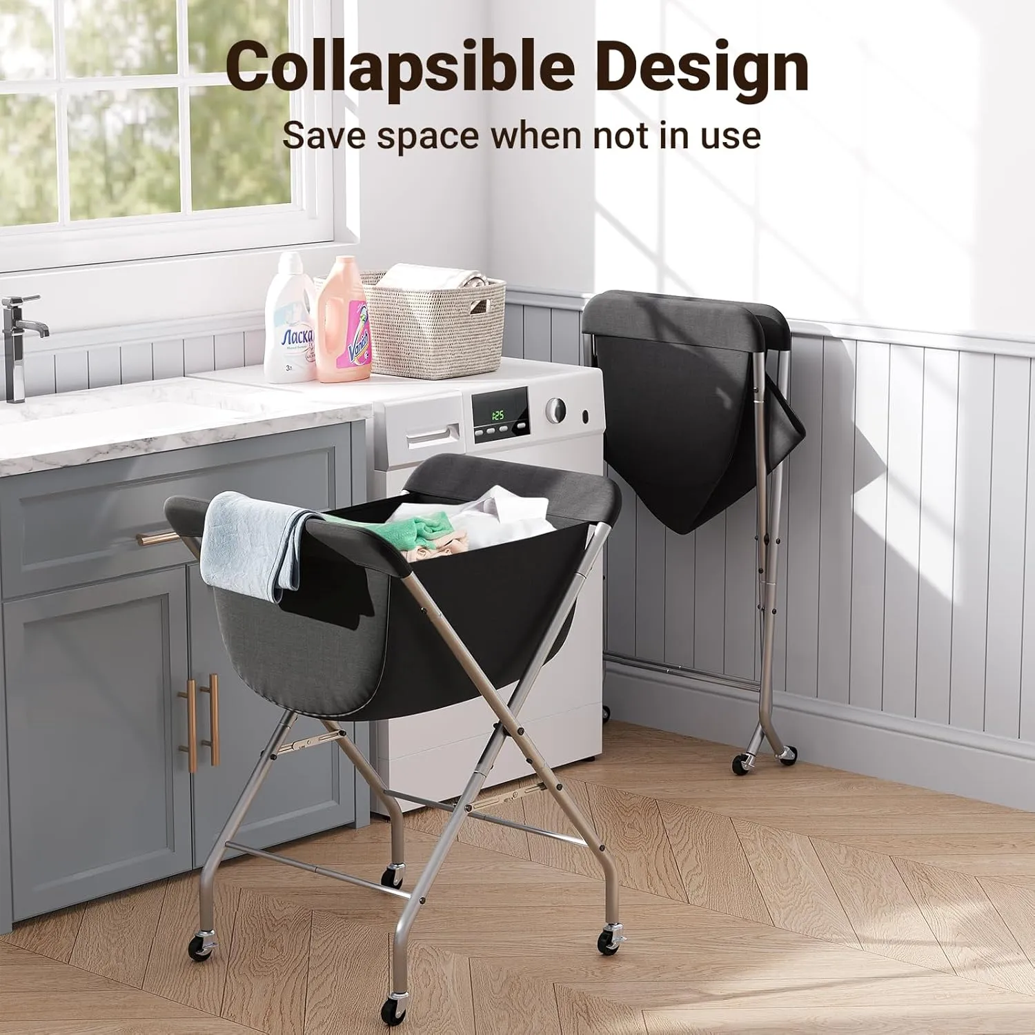 ELYKEN Laundry Cart with Wheels, 33H Easy Rolling Laundry Hamper with Removable Liner Bag, Sturdy Metal Frame Clothes Basket with 4 Casters and 2 Brakes