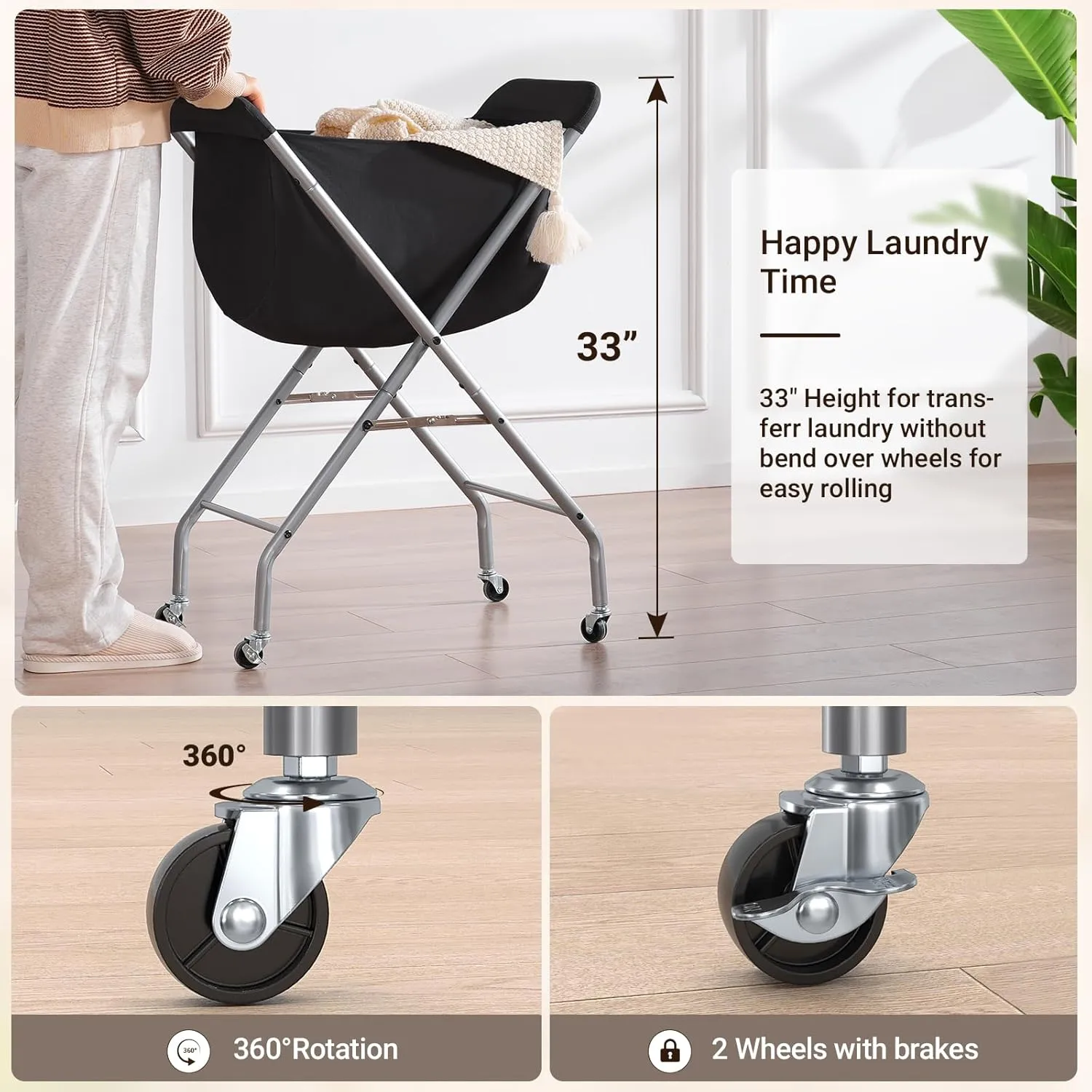 ELYKEN Laundry Cart with Wheels, 33H Easy Rolling Laundry Hamper with Removable Liner Bag, Sturdy Metal Frame Clothes Basket with 4 Casters and 2 Brakes