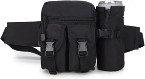 Fanny Pack with Bottle Holder, Bottle Holder Nylon Drinking Bottle Holder Military Drinking Bottle Bag with Water Bottle Holder for Hiking Bicycle Running Camping Black