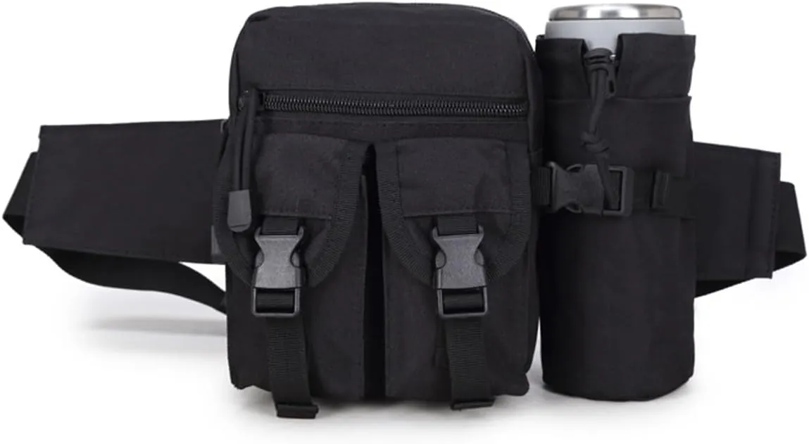 Fanny Pack with Bottle Holder, Bottle Holder Nylon Drinking Bottle Holder Military Drinking Bottle Bag with Water Bottle Holder for Hiking Bicycle Running Camping Black
