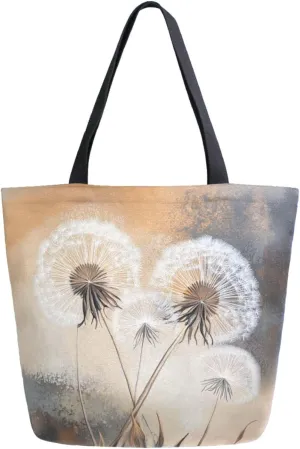 Fashion Extra Large Shoulder Grocery Tote Bag, Retro Painting Wild Dandelion Canvas Durable Daily Weekender Handle Bag for Gym Picnic Yoga Beach Travel Kitchen Market Grocery Shopping