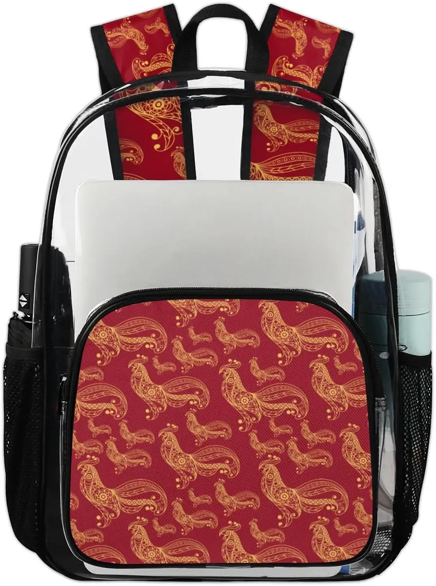 Fire Cock Clear Backpack Stadium Approved Heavy Duty Transparent Backpack for Women Men Large PVC See Through Bag for Sports Event Concert Festival Work Travel