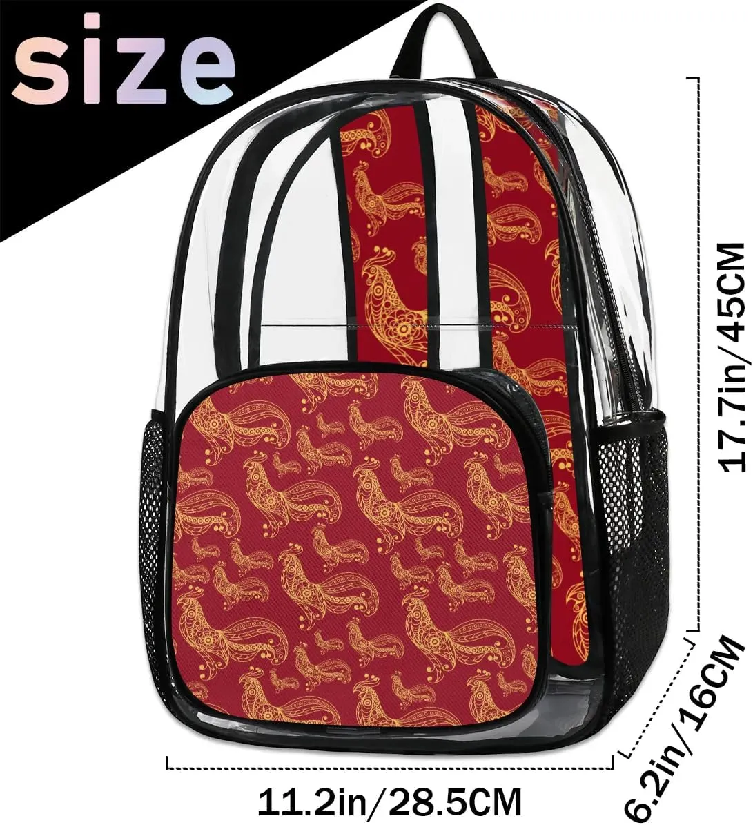 Fire Cock Clear Backpack Stadium Approved Heavy Duty Transparent Backpack for Women Men Large PVC See Through Bag for Sports Event Concert Festival Work Travel