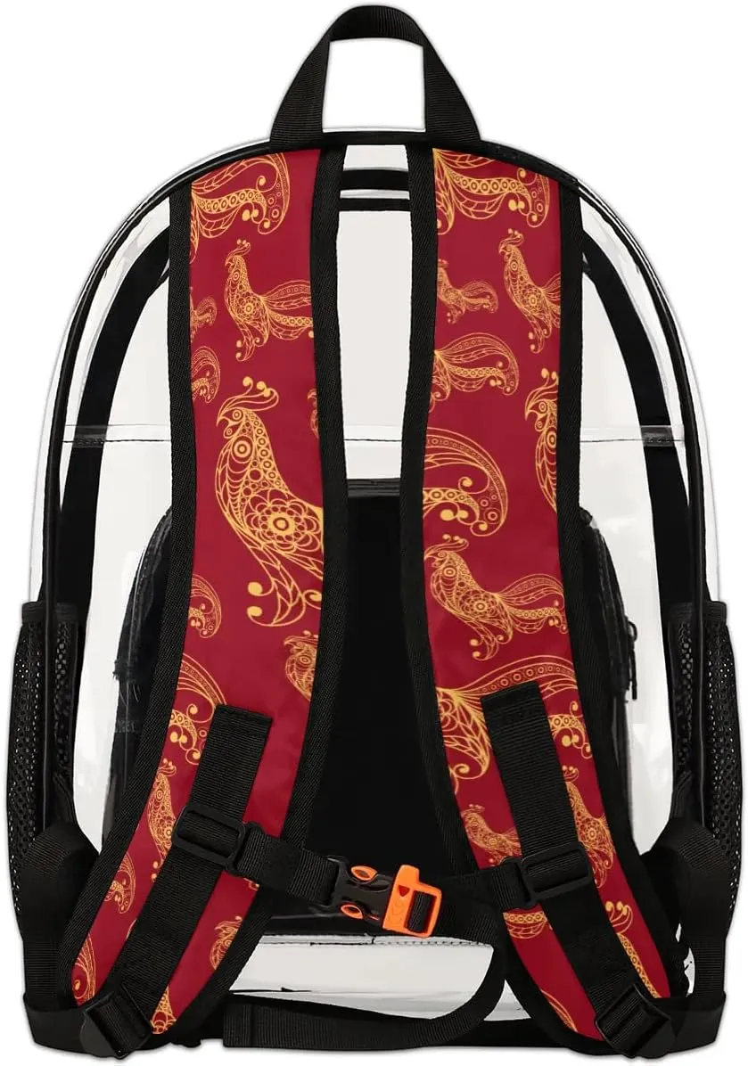 Fire Cock Clear Backpack Stadium Approved Heavy Duty Transparent Backpack for Women Men Large PVC See Through Bag for Sports Event Concert Festival Work Travel