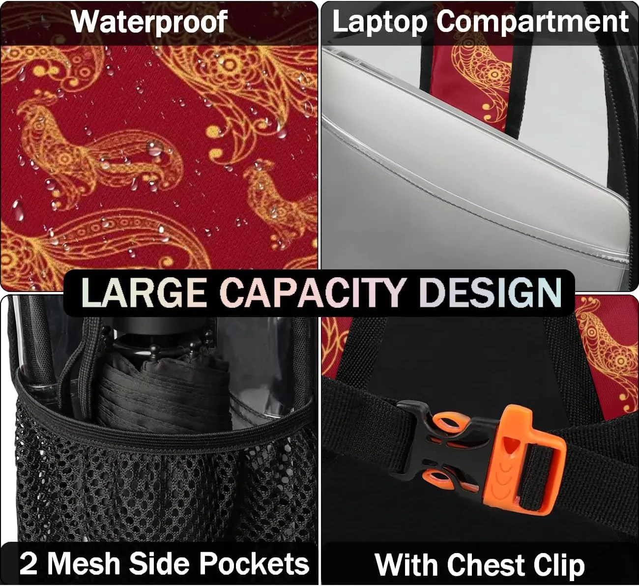 Fire Cock Clear Backpack Stadium Approved Heavy Duty Transparent Backpack for Women Men Large PVC See Through Bag for Sports Event Concert Festival Work Travel