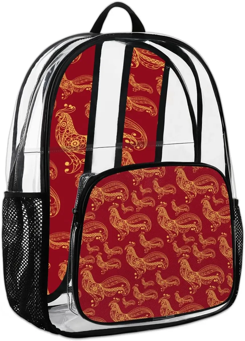 Fire Cock Clear Backpack Stadium Approved Heavy Duty Transparent Backpack for Women Men Large PVC See Through Bag for Sports Event Concert Festival Work Travel
