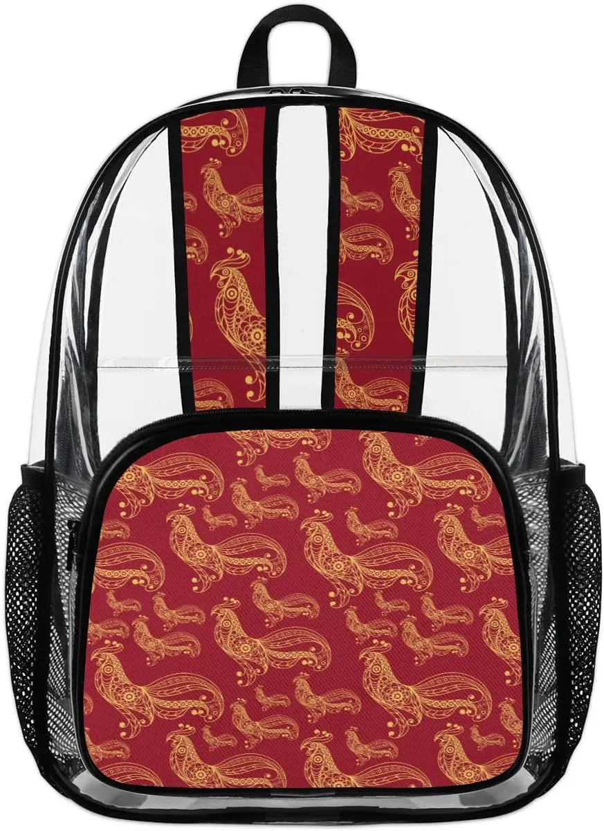 Fire Cock Clear Backpack Stadium Approved Heavy Duty Transparent Backpack for Women Men Large PVC See Through Bag for Sports Event Concert Festival Work Travel
