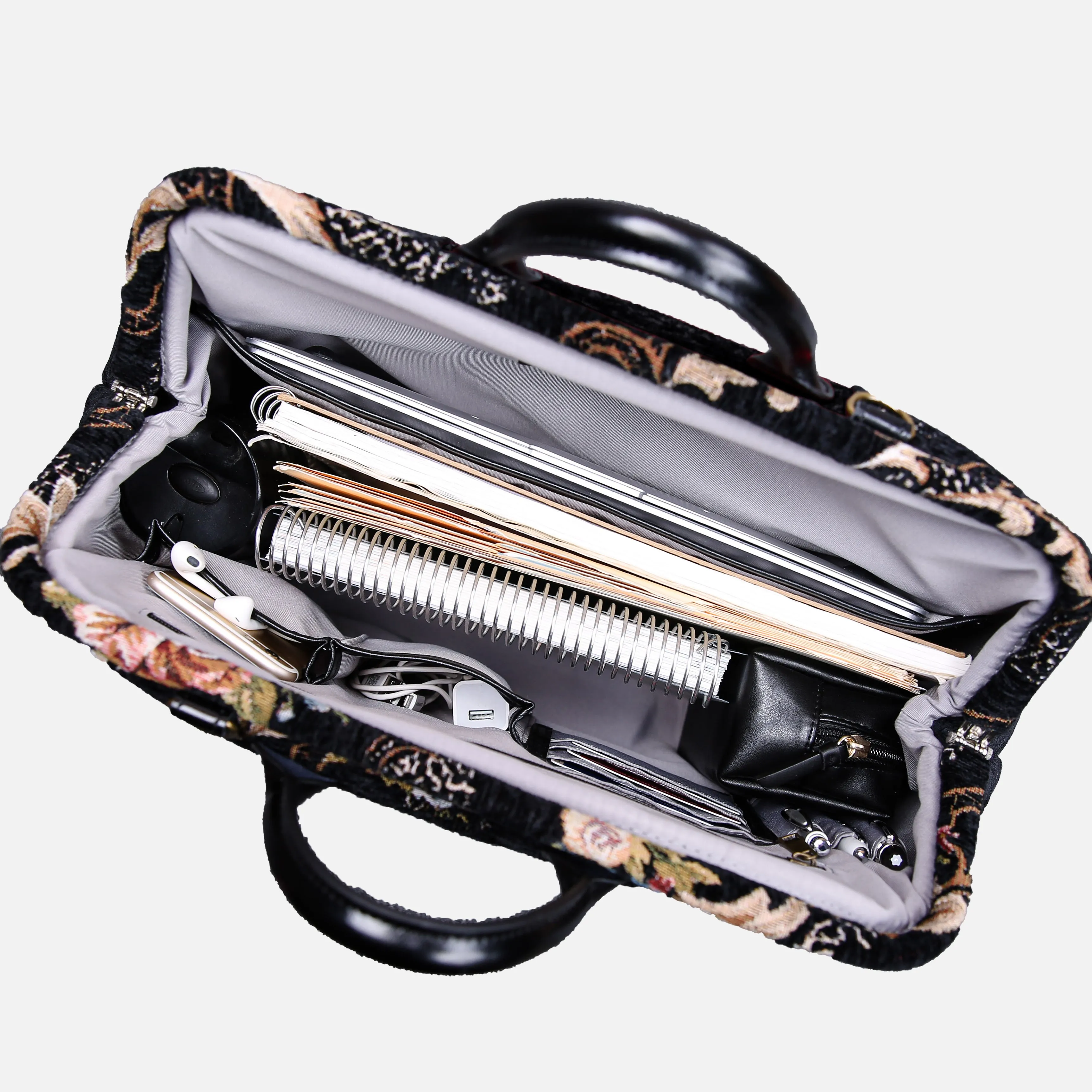 Floral Black Leather Black Laptop Work Bag