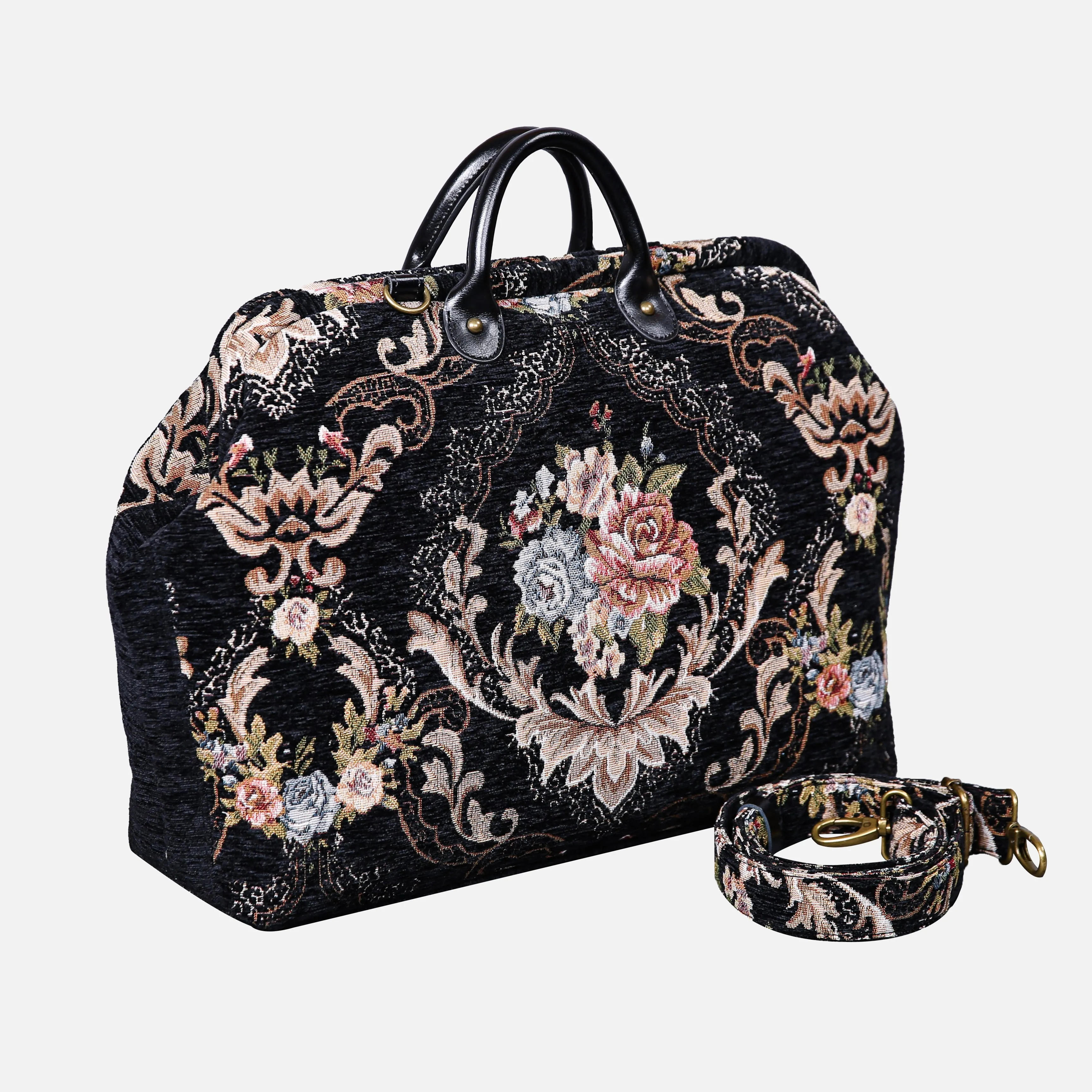 Floral Black Leather Black Laptop Work Bag