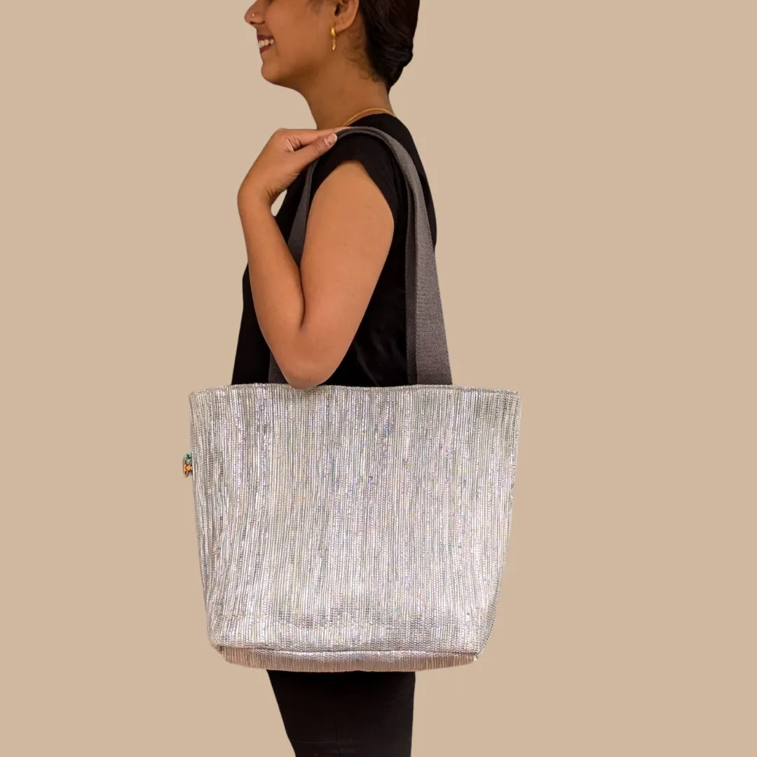 Gray Silver Shimmery Upcycled Handwoven Shopper Tote (ST1224-009) PS_W