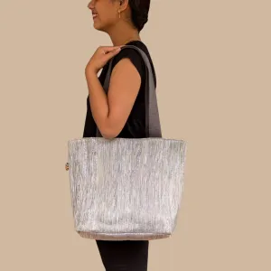 Gray Silver Shimmery Upcycled Handwoven Shopper Tote (ST1224-009) PS_W