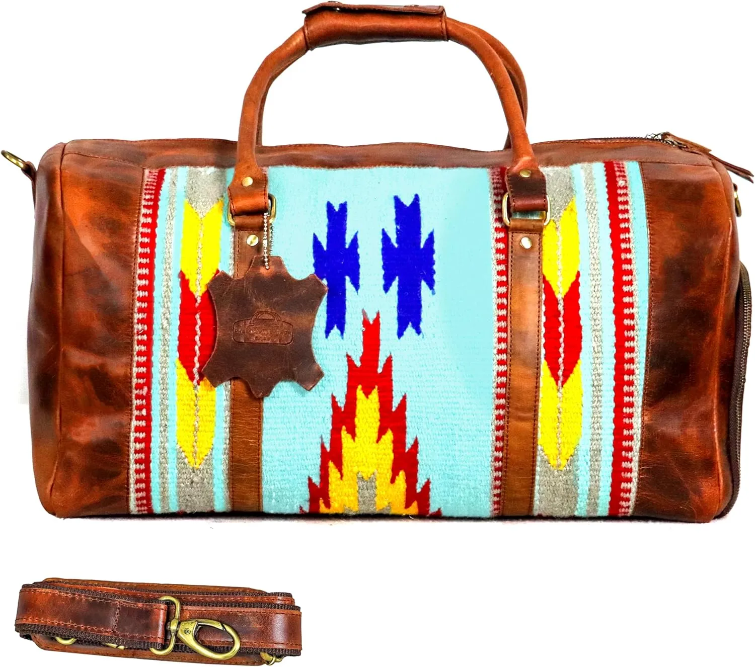 Handmade Premium Duffle Bag leather heavy duty Gym Sports Airplane Overnight Luggage Carry On Unisex Travel Hand woven Rug Bag Wollen Bag Gift for His/Her (RUG DUFFLE BAG STYLE_02)