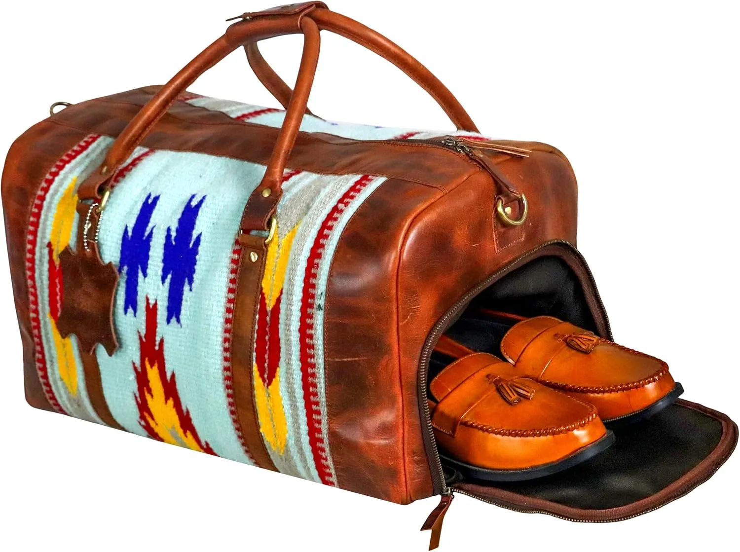 Handmade Premium Duffle Bag leather heavy duty Gym Sports Airplane Overnight Luggage Carry On Unisex Travel Hand woven Rug Bag Wollen Bag Gift for His/Her (RUG DUFFLE BAG STYLE_02)