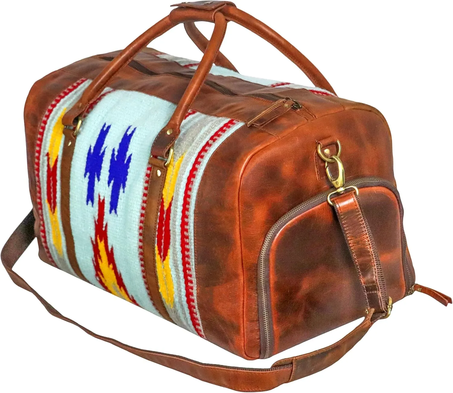 Handmade Premium Duffle Bag leather heavy duty Gym Sports Airplane Overnight Luggage Carry On Unisex Travel Hand woven Rug Bag Wollen Bag Gift for His/Her (RUG DUFFLE BAG STYLE_02)
