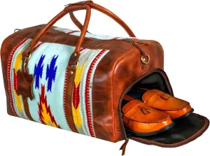 Handmade Premium Duffle Bag leather heavy duty Gym Sports Airplane Overnight Luggage Carry On Unisex Travel Hand woven Rug Bag Wollen Bag Gift for His/Her (RUG DUFFLE BAG STYLE_02)