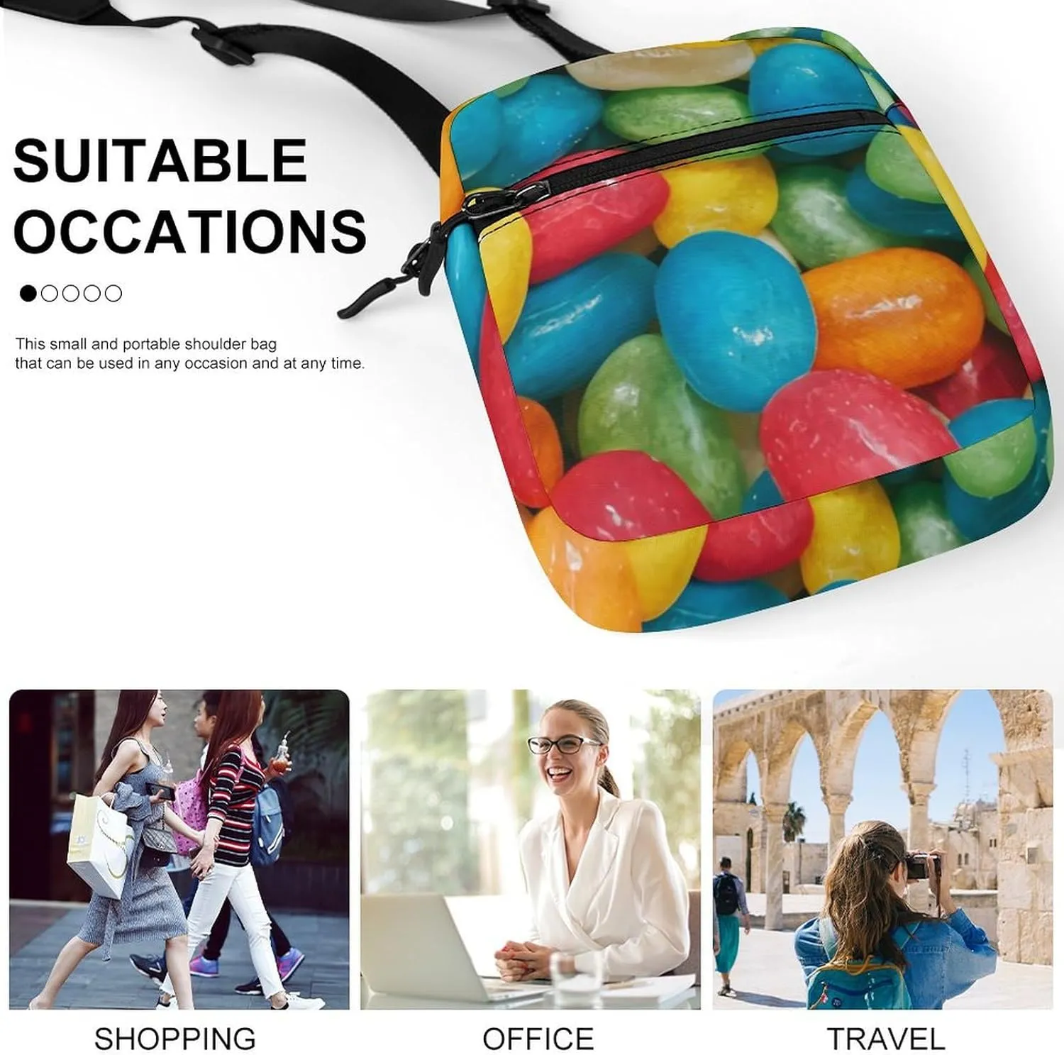 Jelly Bean Candies Colorful Crossbody Bag Small Shoulder Bag Waterproof, Lightweight And Convenient