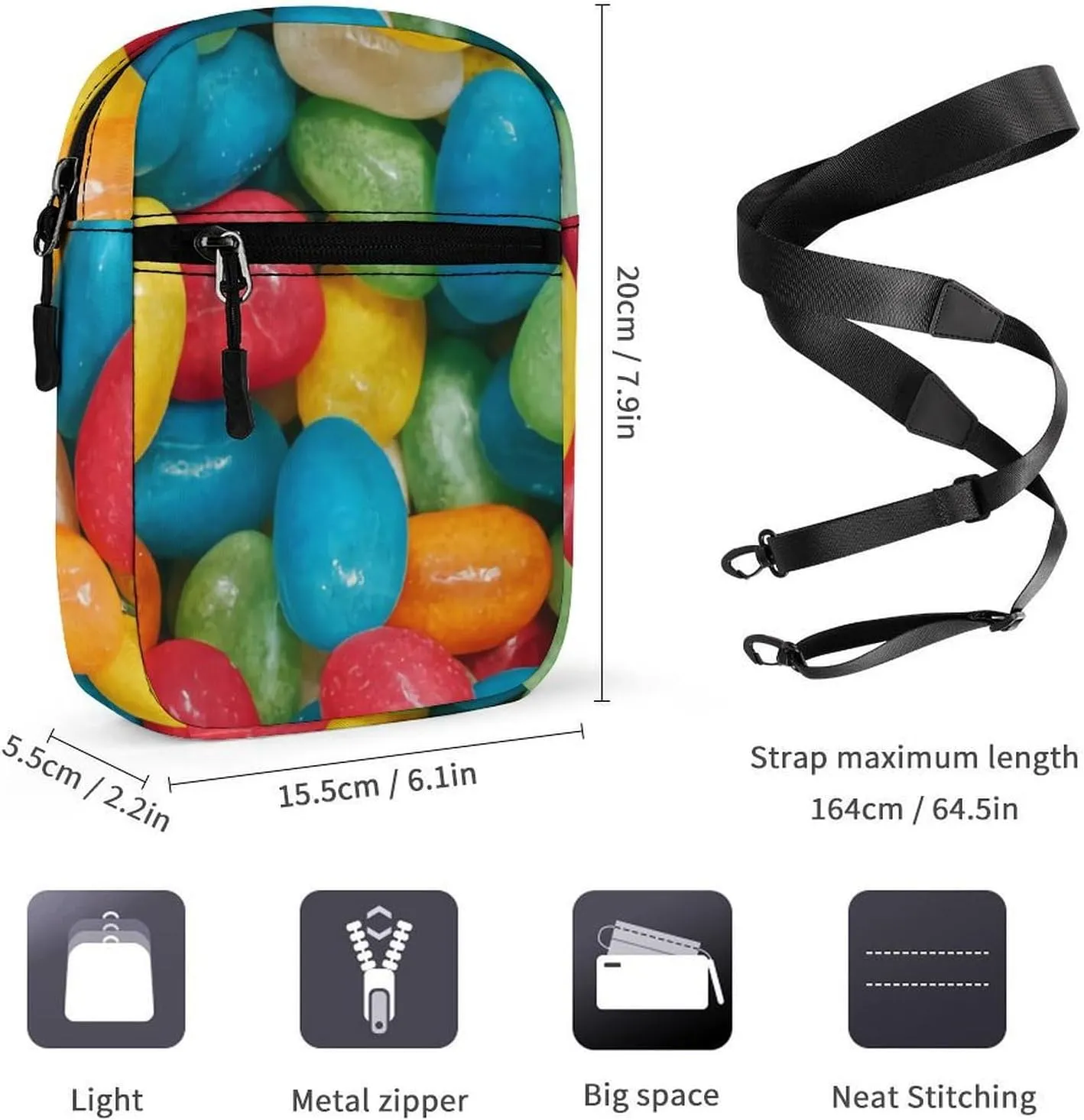 Jelly Bean Candies Colorful Crossbody Bag Small Shoulder Bag Waterproof, Lightweight And Convenient