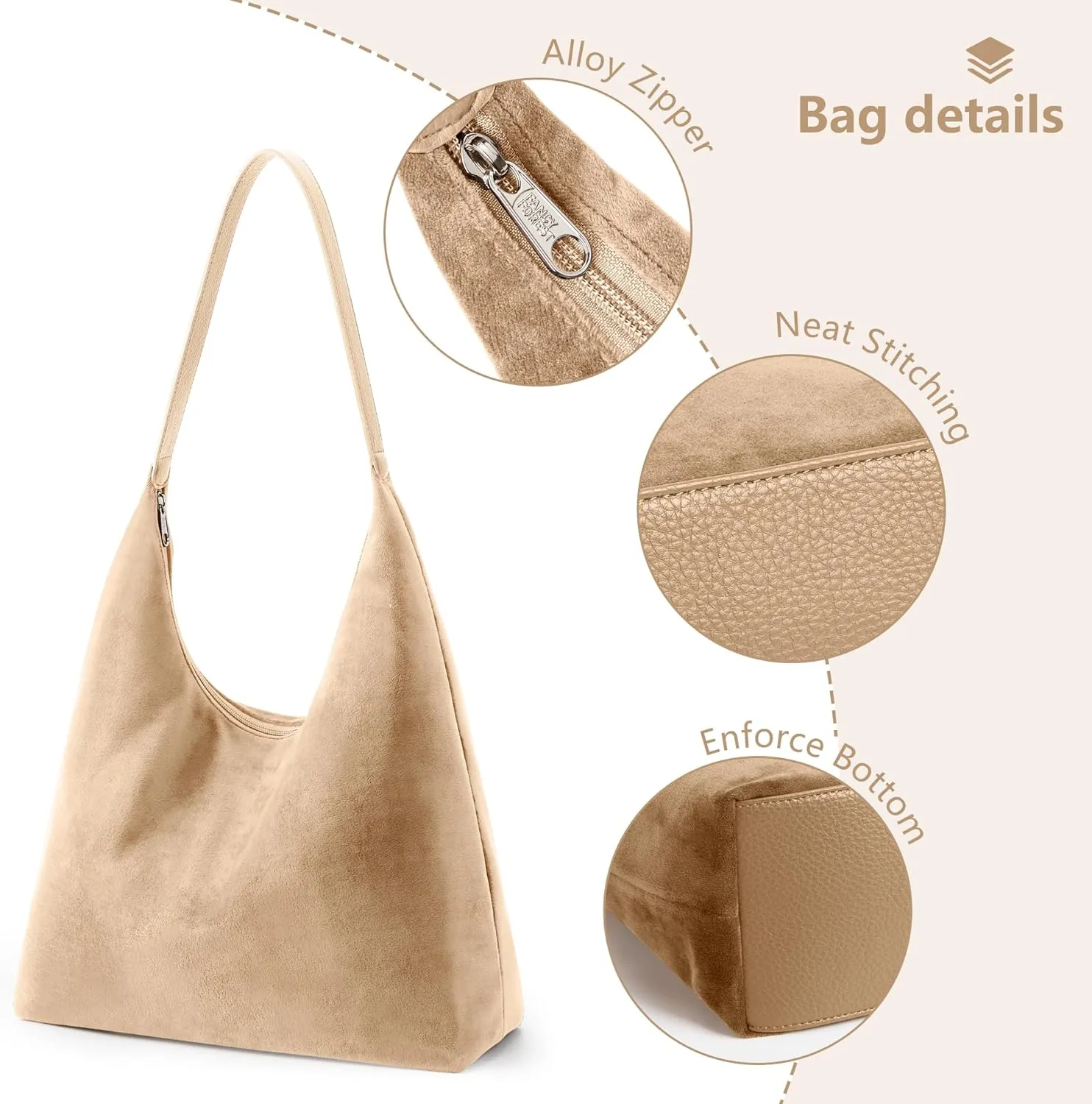 KALIDI Vintage 15L Hobo Bag Faux Suede Tote Zipper Work Bag Vegan Leather Shoulder Strap for Women Travel Purse