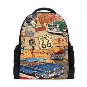 Kuizee Classic Backpack Schoolbag Adjustable Padded Shoulder Straps Daypack Retro Route 66 Poster Car Beige American Casual Bags Durable College Daily 16Inch