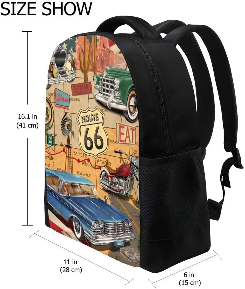 Kuizee Classic Backpack Schoolbag Adjustable Padded Shoulder Straps Daypack Retro Route 66 Poster Car Beige American Casual Bags Durable College Daily 16Inch