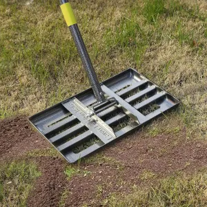 Lawn Leveling Rake | Levelawn Tool | Level Soil or Dirt Ground Surfaces Easily | 18 x 10 Ground Plate | rakes for lawns Heavy Duty 60 Extra Long Handle | Extracted Iron Metal Black