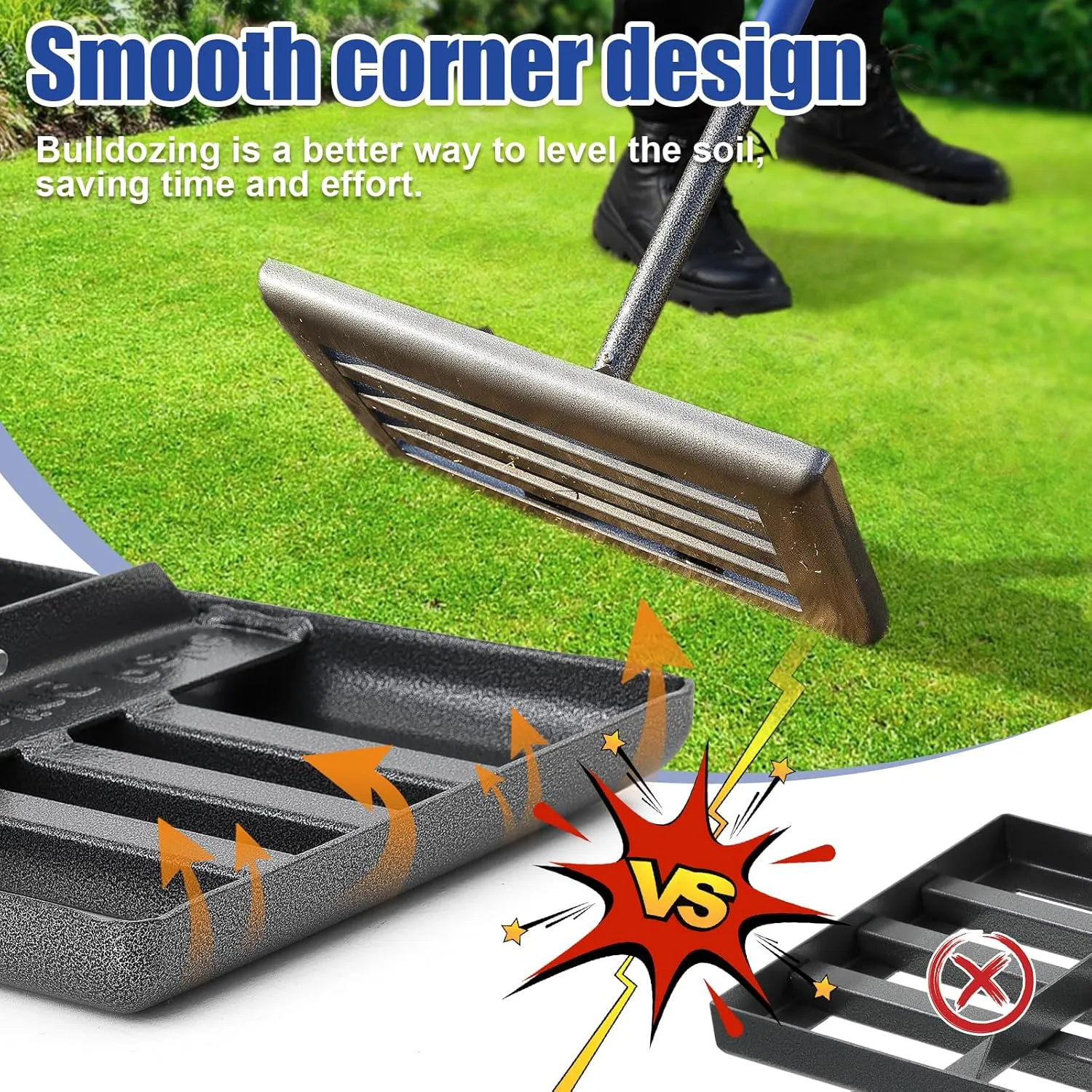 Lawn Leveling Rake | Levelawn Tool | Level Soil or Dirt Ground Surfaces Easily | 18 x 10 Ground Plate | rakes for lawns Heavy Duty 60 Extra Long Handle | Extracted Iron Metal Black