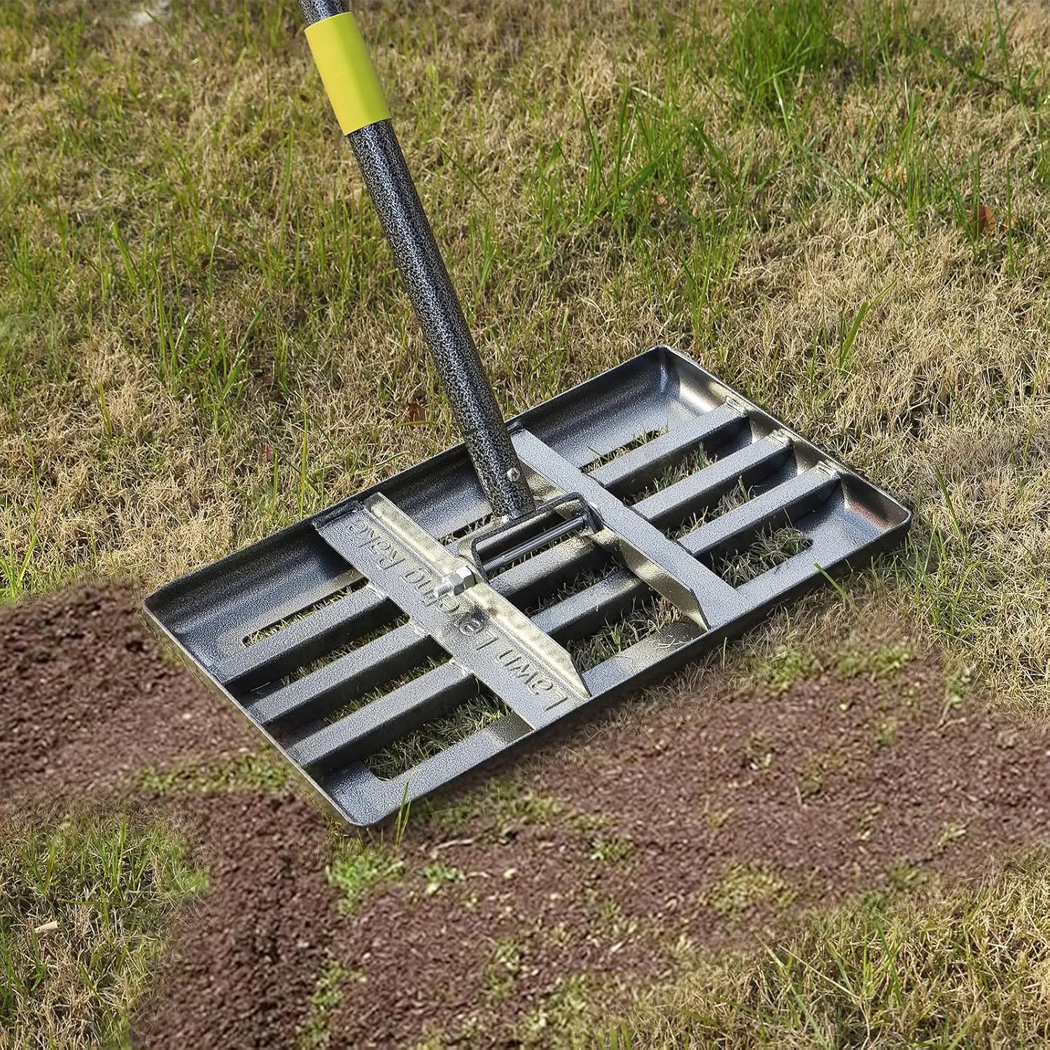 Lawn Leveling Rake | Levelawn Tool | Level Soil or Dirt Ground Surfaces Easily | 18 x 10 Ground Plate | rakes for lawns Heavy Duty 60 Extra Long Handle | Extracted Iron Metal Black