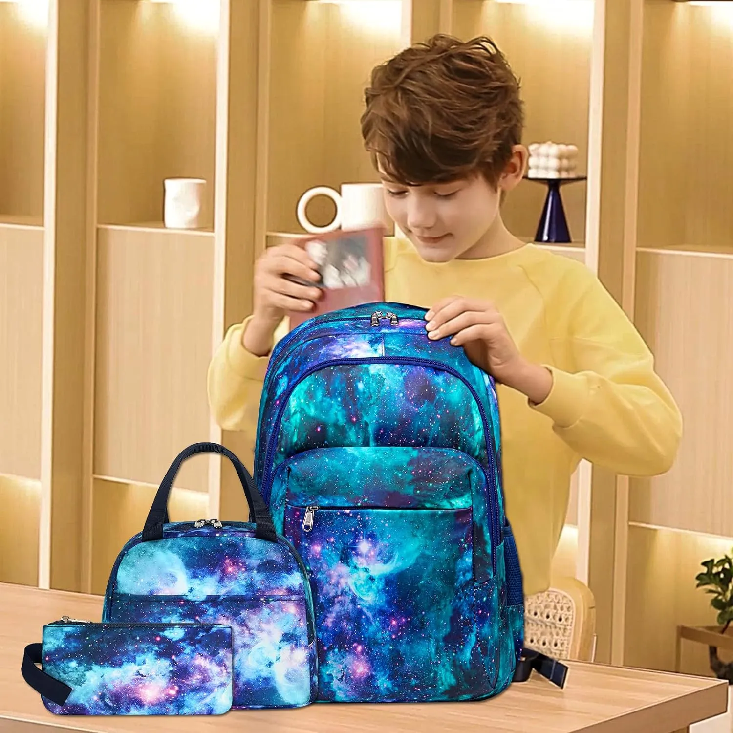 LEDAOU Backpack for Kids Boys Girls School Bags Teen Bookbags Set School Backpack with Lunch Box and Pencil Case