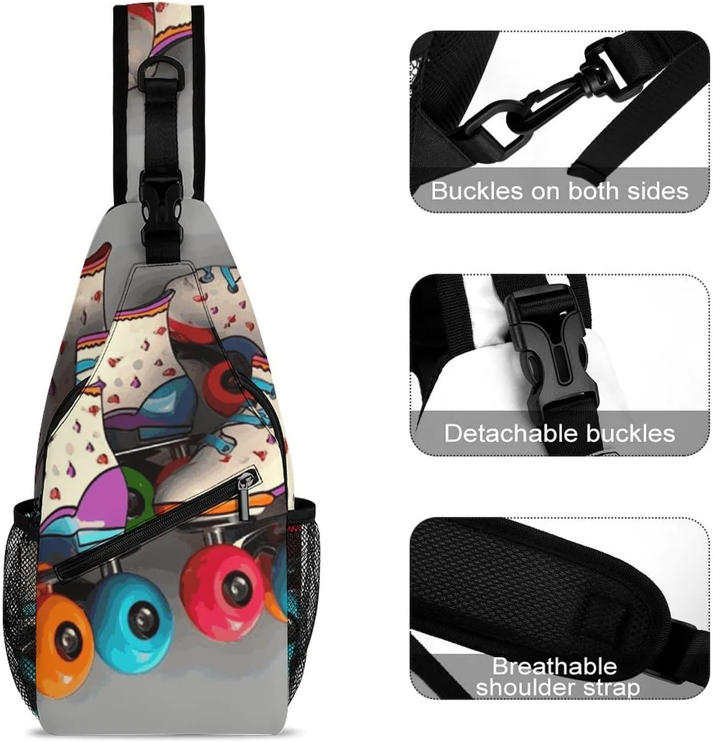Lightweight Chest Bag Crossbody Bag Retro Roller Skates Colorful Sling Backpack for Women Men Sports Travel