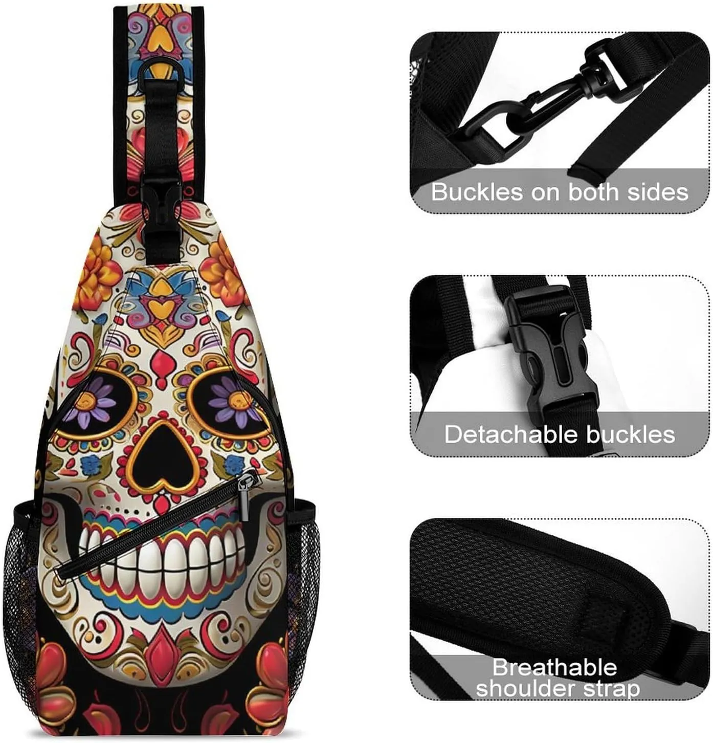 Lightweight Chest Bag Crossbody Bag Sugar Skulls Sling Backpack for Women Men Sports Travel