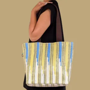Non- Shimmery Blue Yellow Black Striped Upcycled Handwoven Designer Shopper Tote (DST1124-008) PS_W