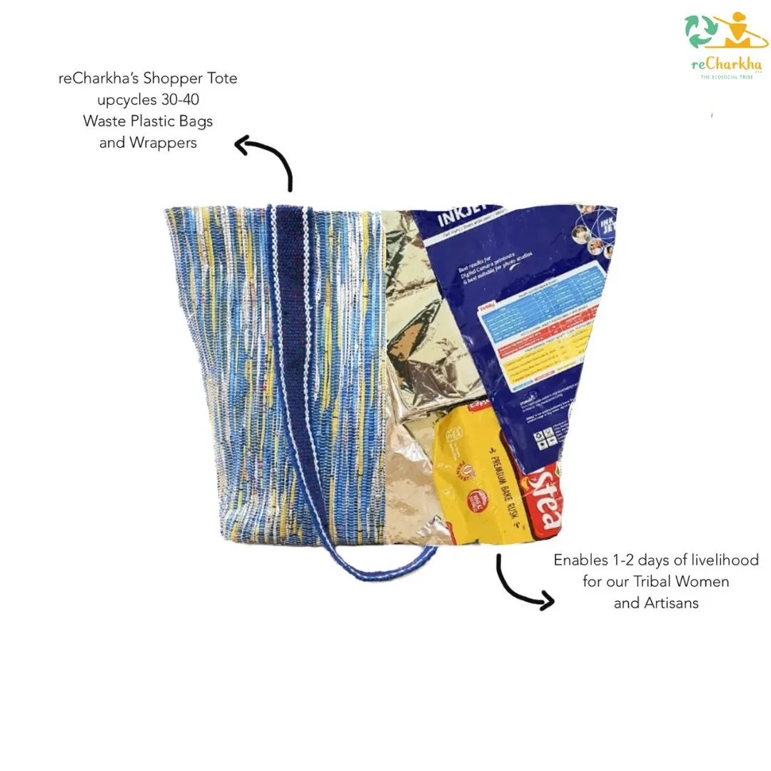 Non- Shimmery Blue Yellow Black Striped Upcycled Handwoven Designer Shopper Tote (DST1124-008) PS_W