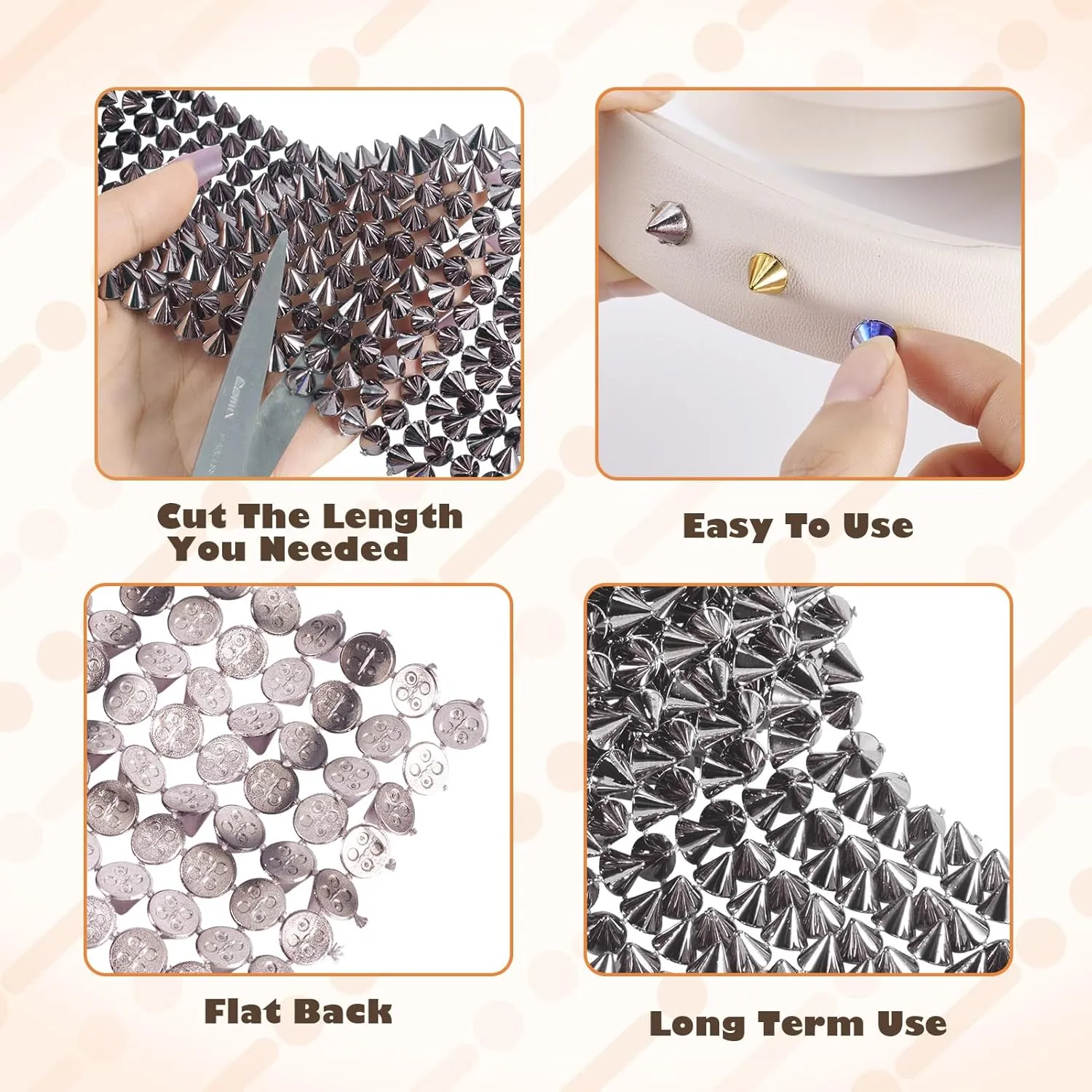 Pandahall 1 Yard Sew Stitch On Spike Stud 12 Rows Bullet Cone Flatback Rivets Punk Rock Trim Mesh Bead Craft for Leather Clothes Belt Bags Jewelry Making (Black)