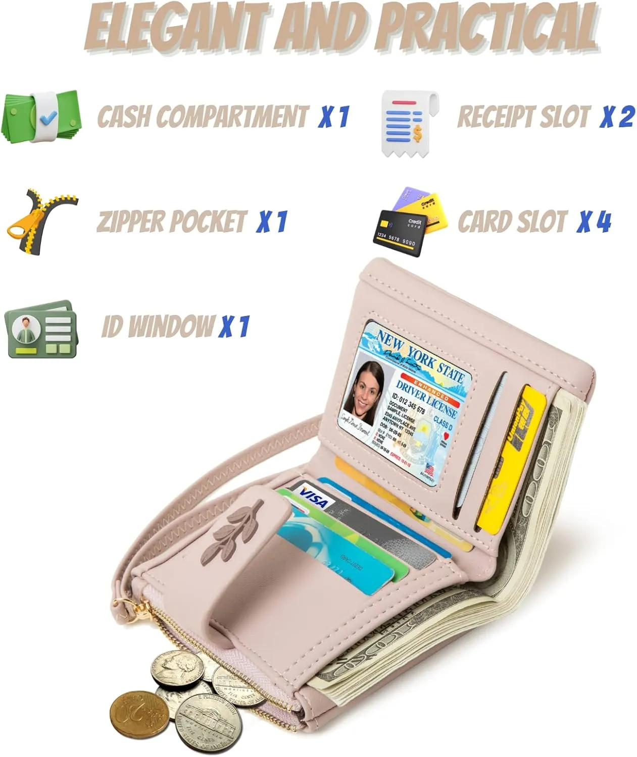Prettyzys Small Bifold Wristlet Wallet for Women  Handmade, RFID Blocking Wallet Case with Credit Card Sleeves, Cash & Coin Storage Compartments  Mini Purse for Ladies, Teenage Girls - Pink