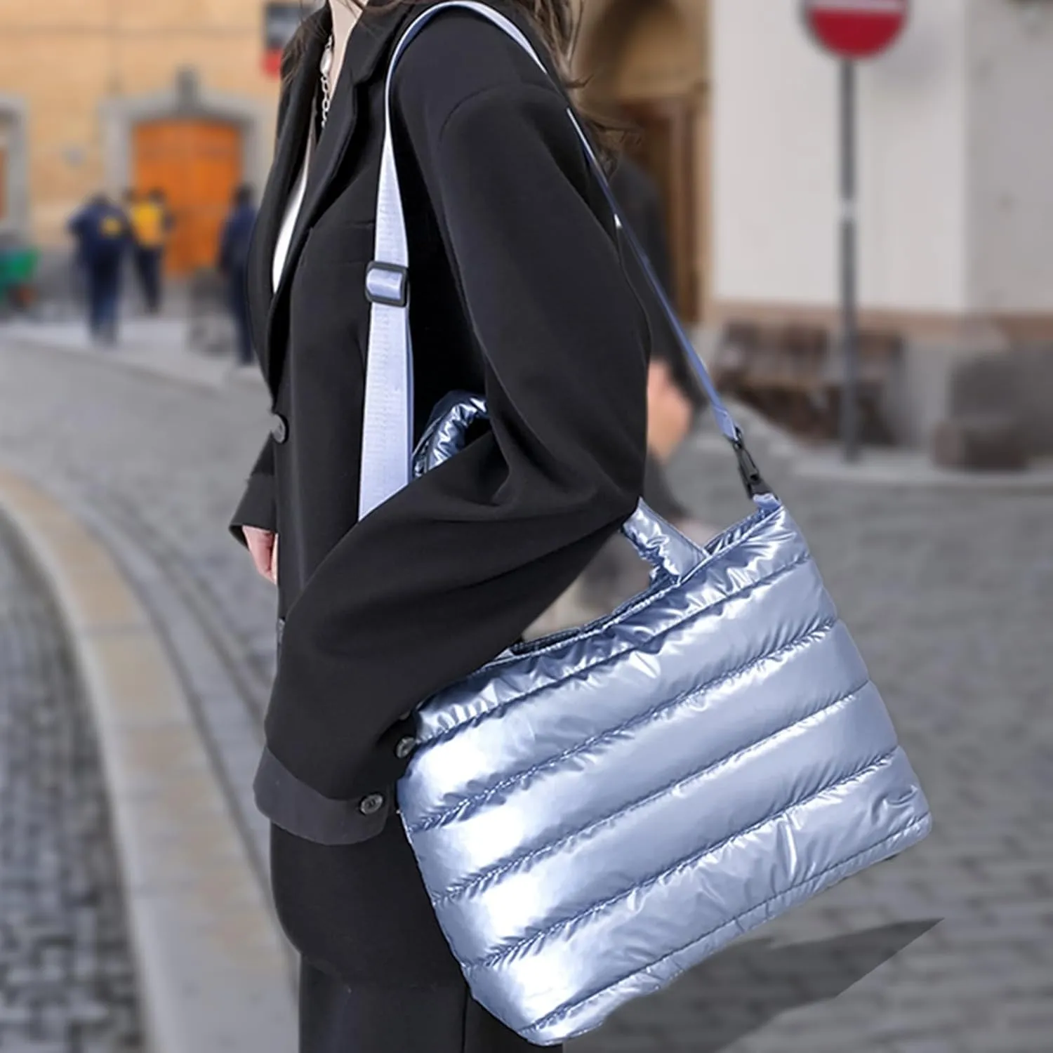 Puffer Carryall Tote Bag for Women Quilted Shoulder Bag for Travel Lightweight Cotton Padded Hobo Handbag