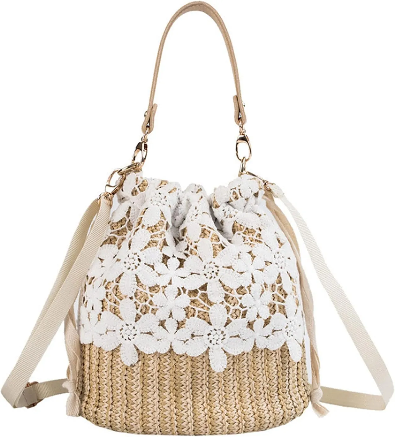 Rcheommo Women Cross Body Bohemian Straw Bag Straw Drawstring Bucket Straw Bag Flower Lace Decor Handwoven Rattan Ba