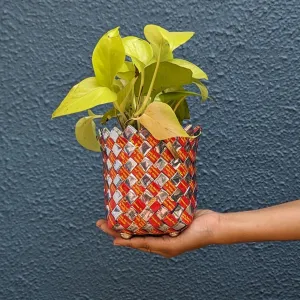 Reddish Orange and Silver Snack Thick Waste Plastics Upcycled Handcrafted Basketry Deco Storage Medium (BDSS0224-103)